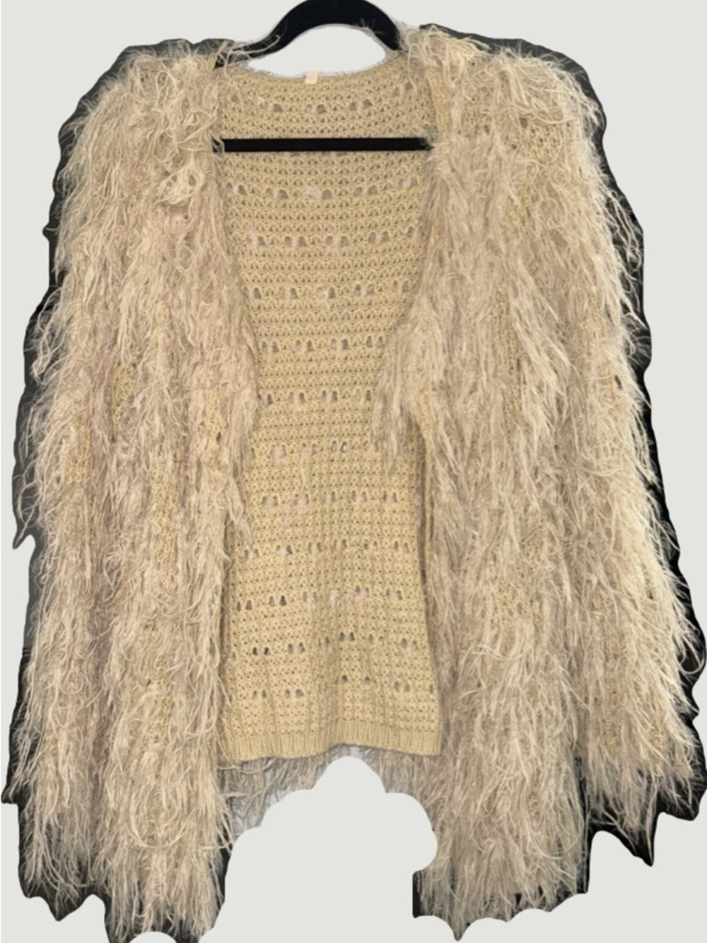 RAGA Cream Shaggy Faux-Fur Fringe Open Cardigan